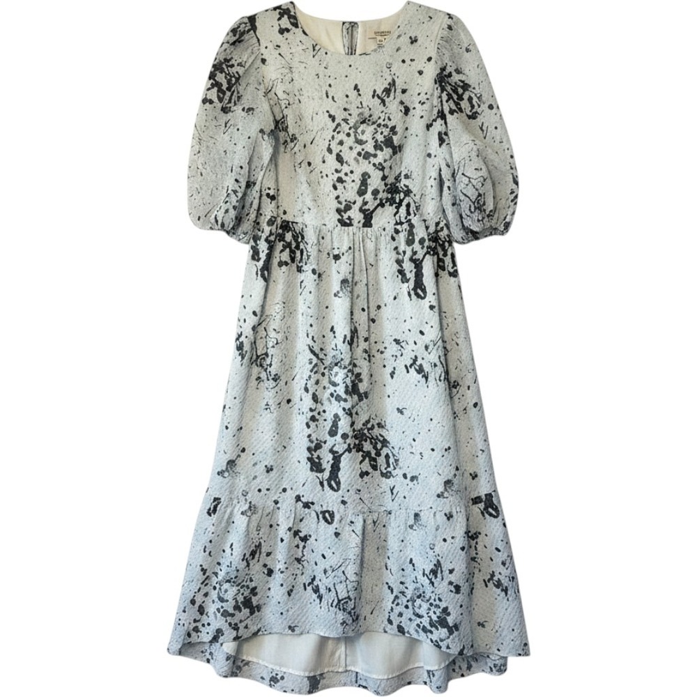 AllSaints Sadie Fortune Dress Light Blue Splatter Puff Sleeve Midi US 10 WD065V